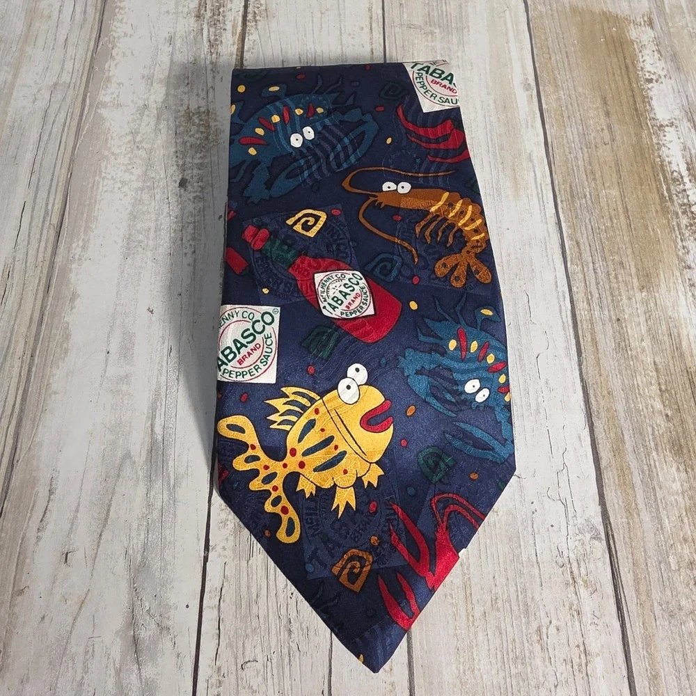 Tabasco Mens Silk Necktie Navy Blue Seafood Fish Shrimp Hot Sauce Novelty Tie